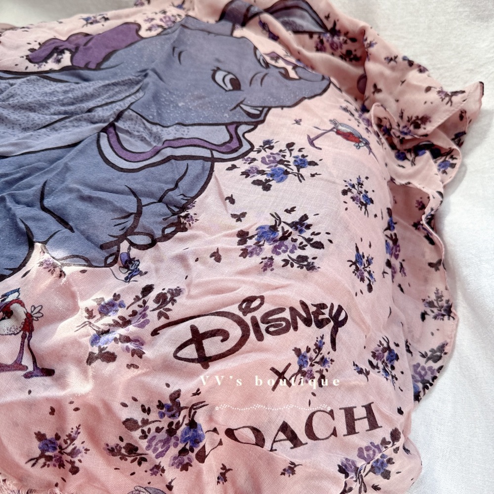 NWT Disney X Coach Dumbo Floral Print Oblong Scarf Blossom Pink Blue 89842 RARE - Picture 2 of 3